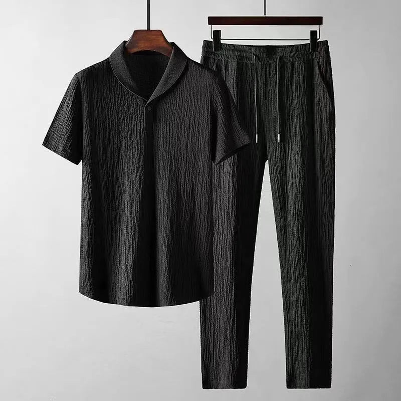Leisure suit summer loose short sleeve top and drawstring trousers for men, polyester fabric, black and white option