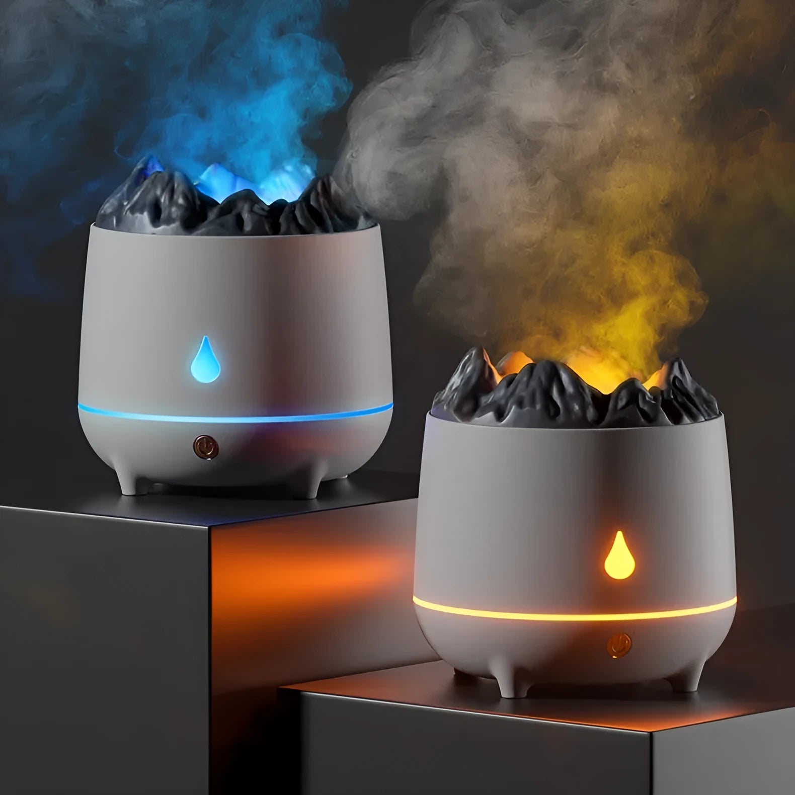 White volcanic-shaped ultrasonic humidifier and aromatherapy diffuser with USB cable on a table.
