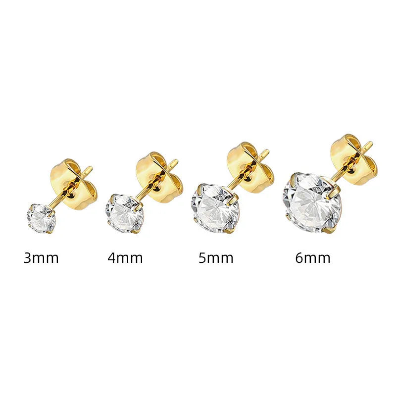 Titanium steel square geometric stud earrings with zircon stones in gold or steel colour finishes
