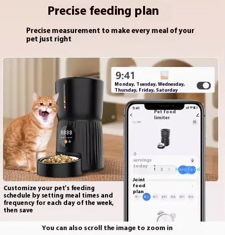 Black automatic pet feeder with digital timer display and food hopper.