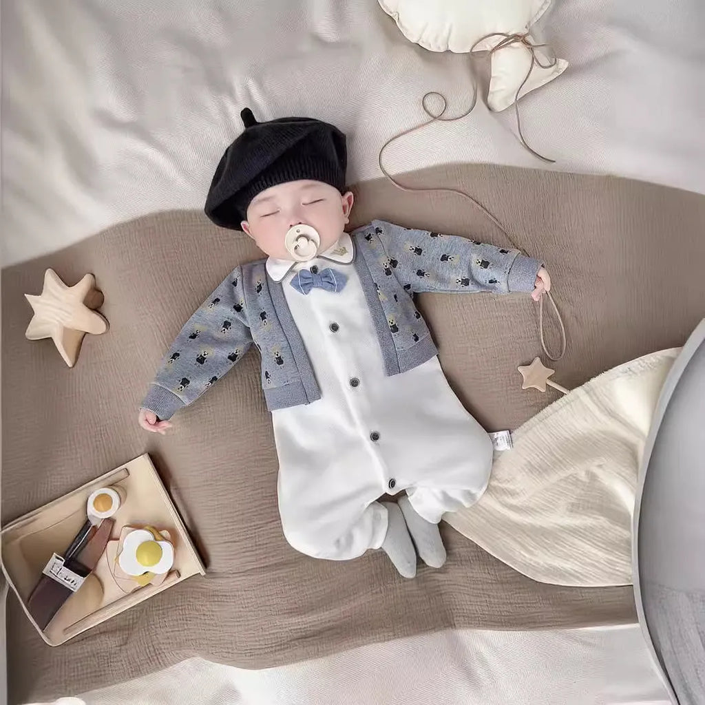 Baby romper spring autumn cotton jumpsuit cardigan fake two pieces long sleeve climbing style suitable height 66cm 73cm 80cm 90cm