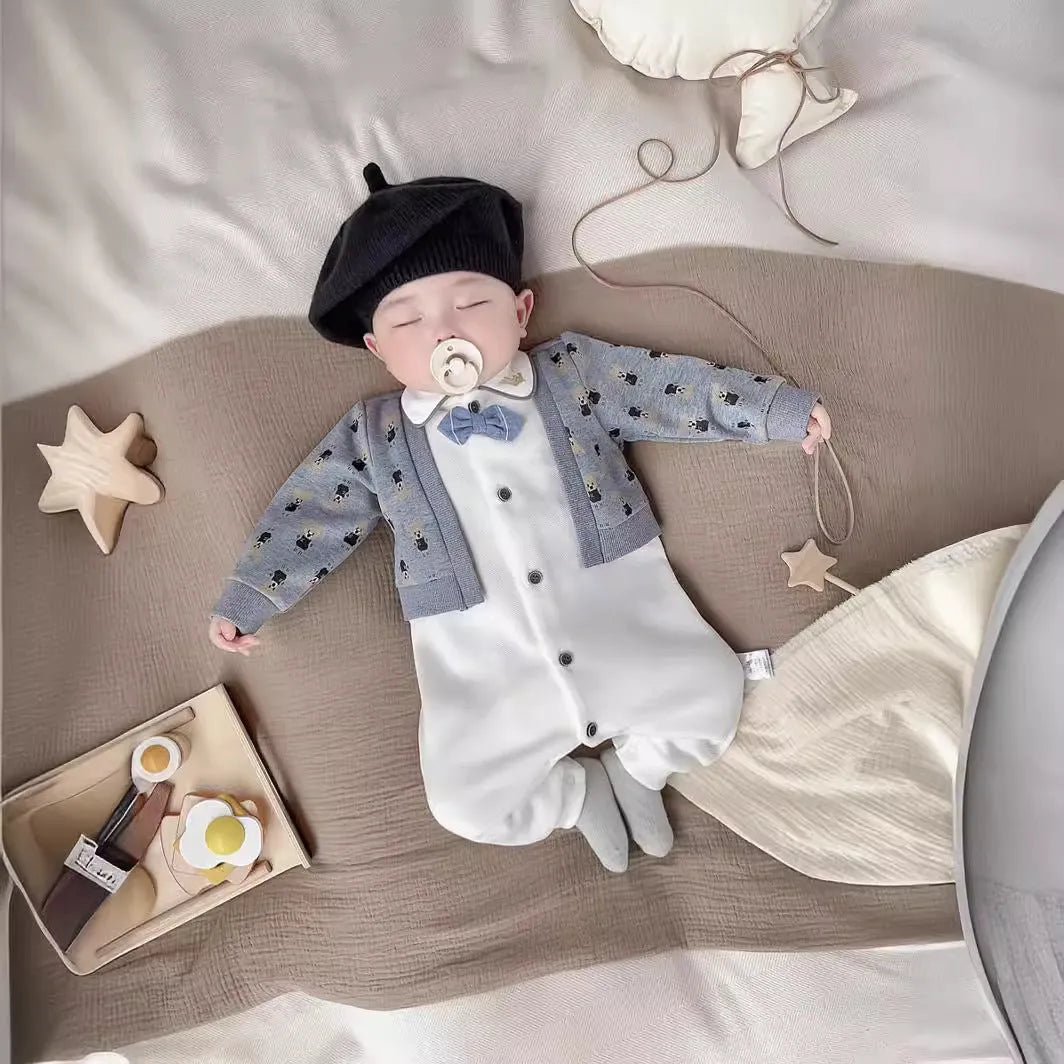 Baby romper spring autumn cotton jumpsuit cardigan fake two pieces long sleeve climbing style suitable height 66cm 73cm 80cm 90cm