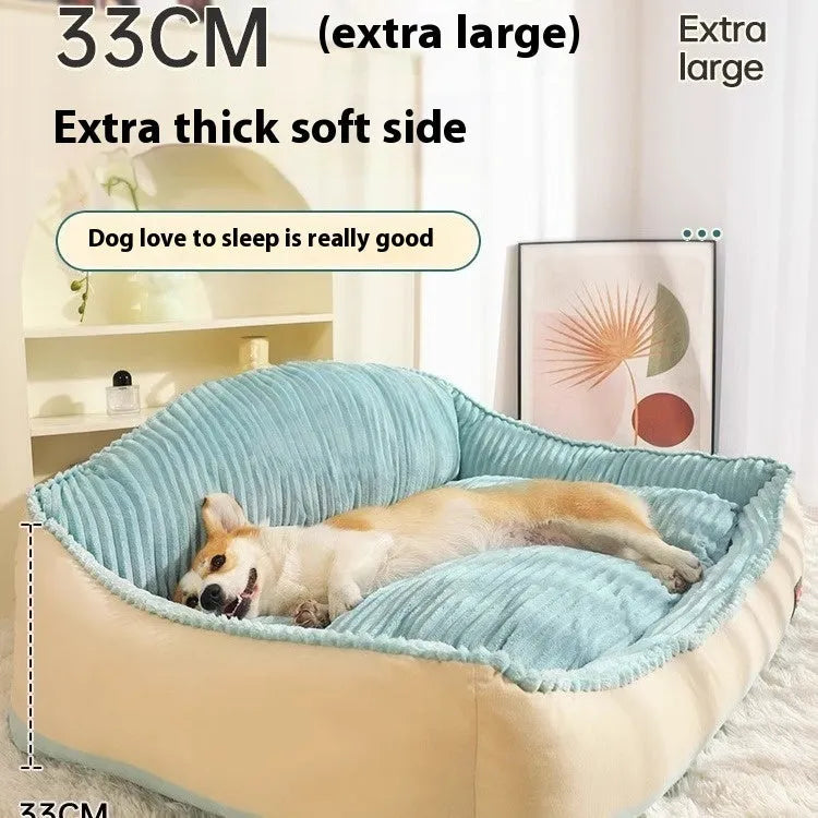 Morandi colour washable dog sofa bed with removable cover, shown in M and L sizes.