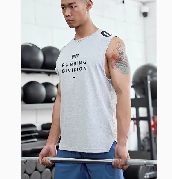 Men's mesh sports vest in black colour showing front and back views