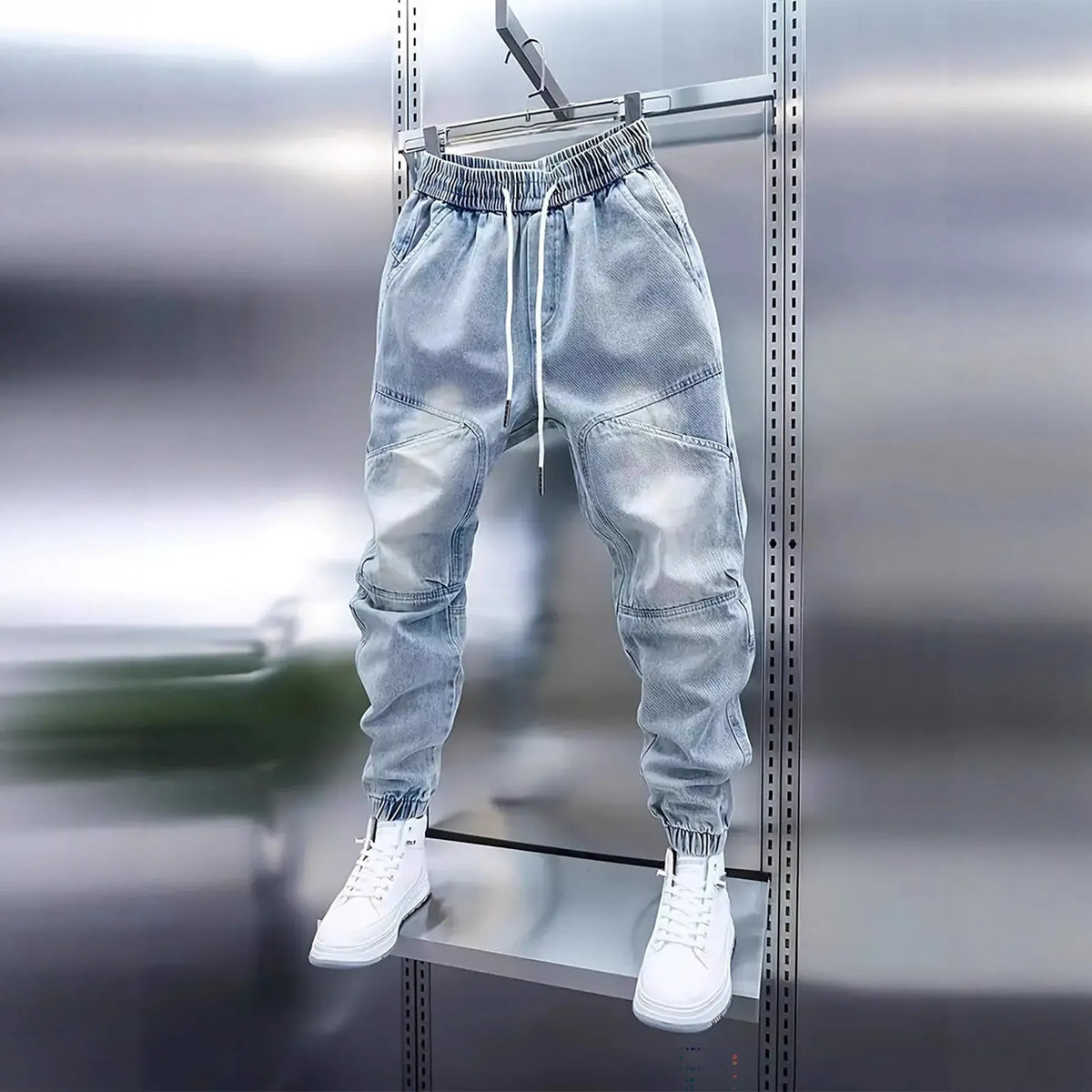 Men's light blue skinny jeans with drawstring mid waist and elastic ankle cuffs, cotton denim pencil pants