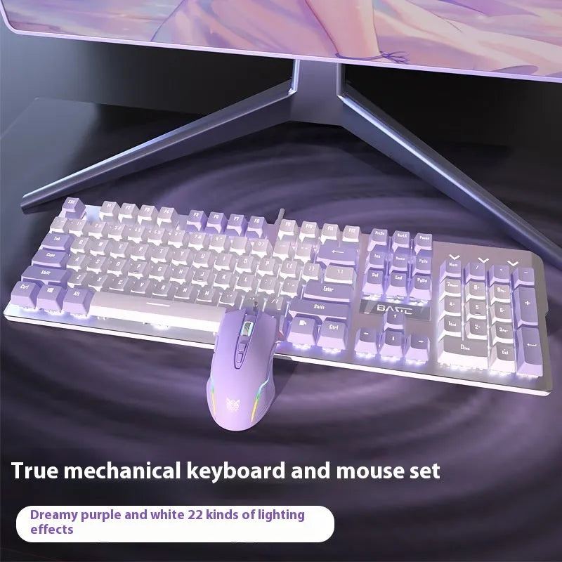 Purple and white mechanical keyboard and mouse set with backlit keys