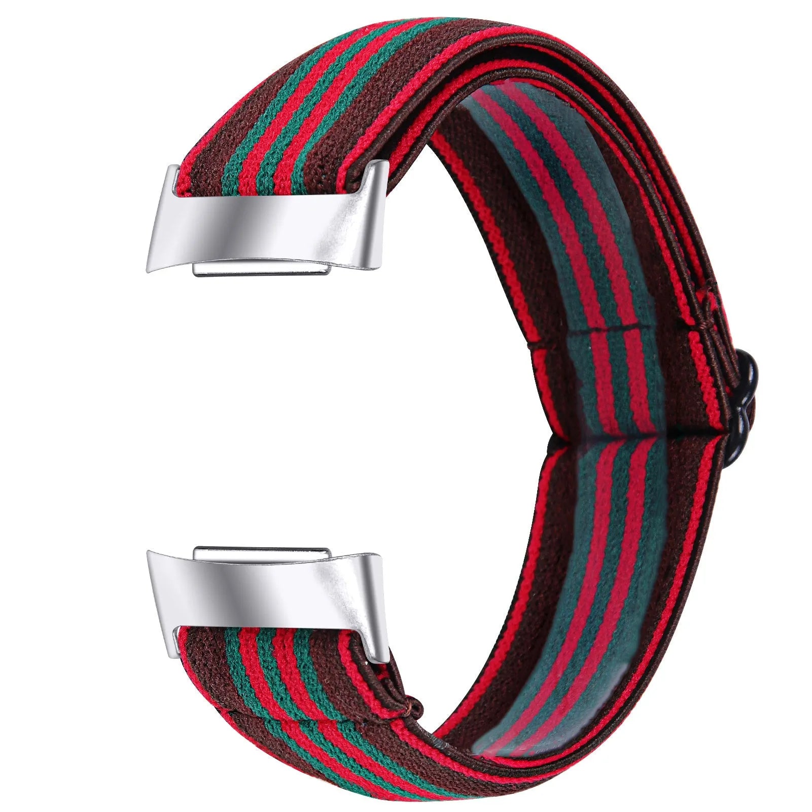 Printed elastic watch strap for Fitbit Charge 6 showing rainbow colour pattern