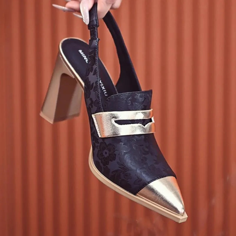 Women's black chunky heel strap sandals with pointed toe and elastic band, Korean style design.