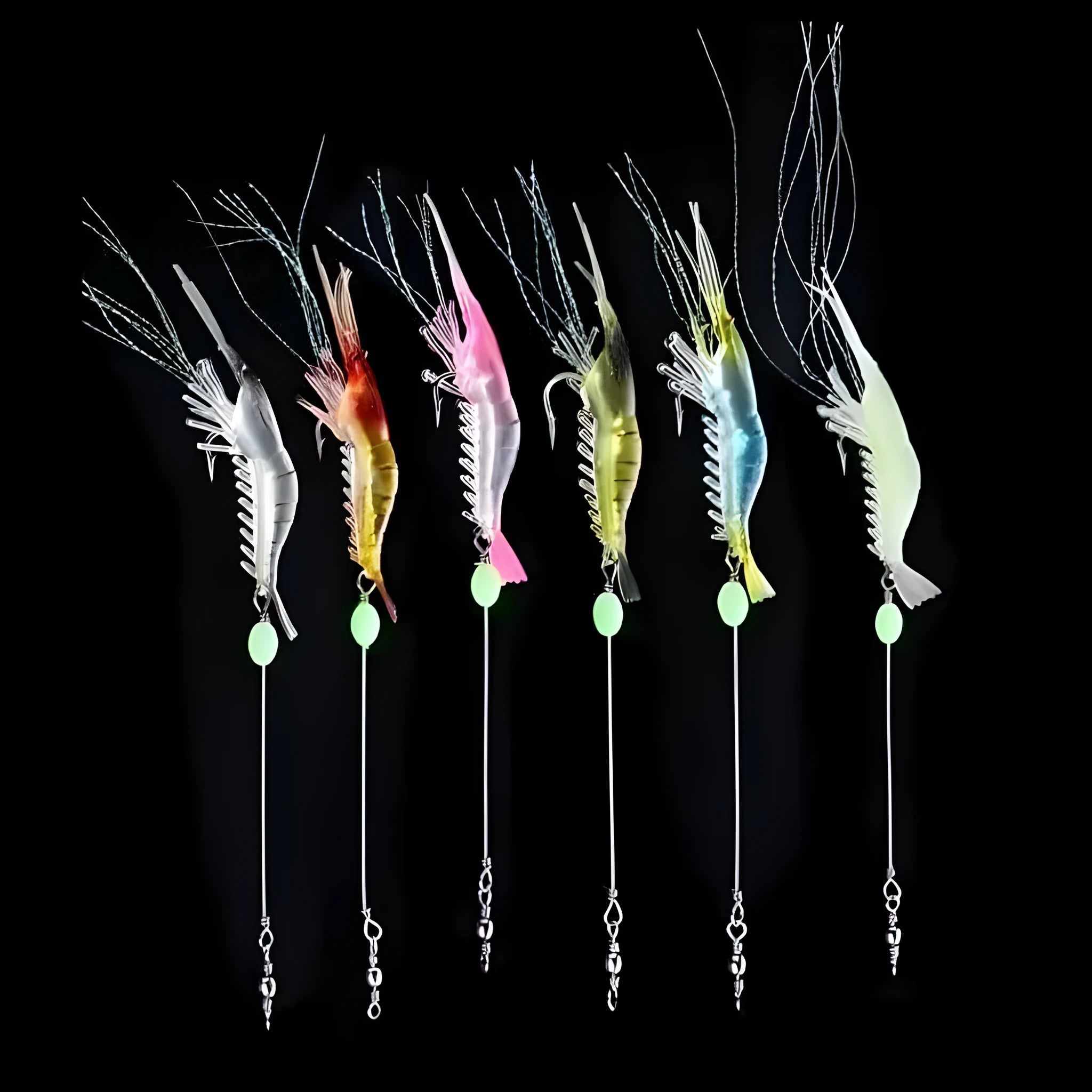 Luer soft fishing lure with integrated hook showing colour variations including black head yellow body and luminous options