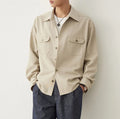 Men's simple profile shirt with cotton lapel in light sand rice colour, long sleeves