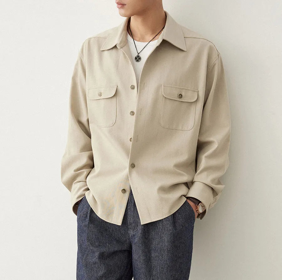 Men's simple profile shirt with cotton lapel in light sand rice colour, long sleeves