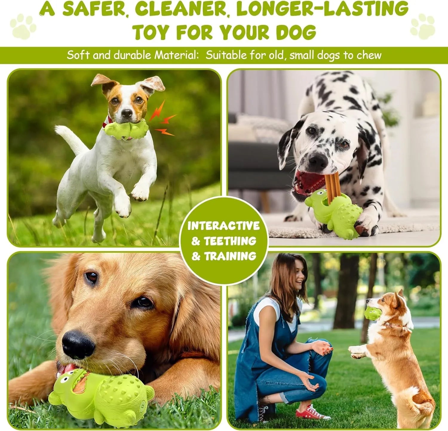 Green and yellow thick natural rubber squeaky dog chew toy for large breed aggressive chewers.
