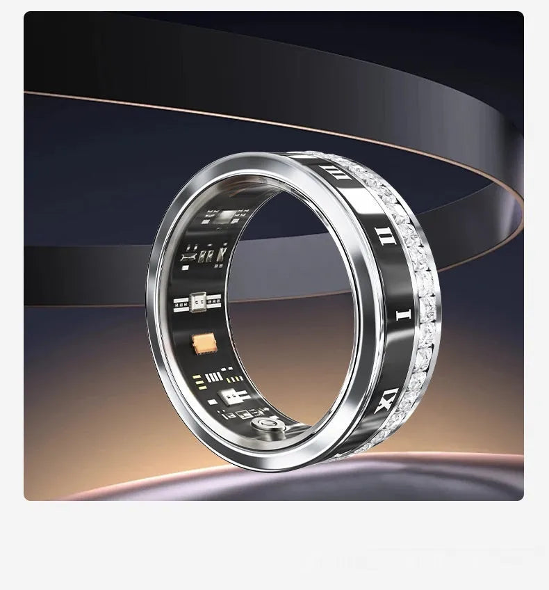 Silver and gold smart ring with diamond inlay and blood oxygen monitoring sensors.