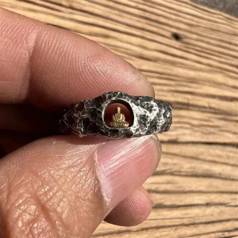 Hand-forged copper grotto Buddha ring with a rock texture finish, shown in size No. 8.