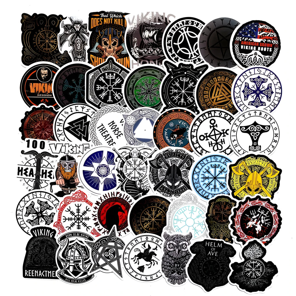 Ancient Rune Series PVC stickers, 50 runes, irregular shapes, 5-8 cm, for luggage, car, skateboard, and laptop