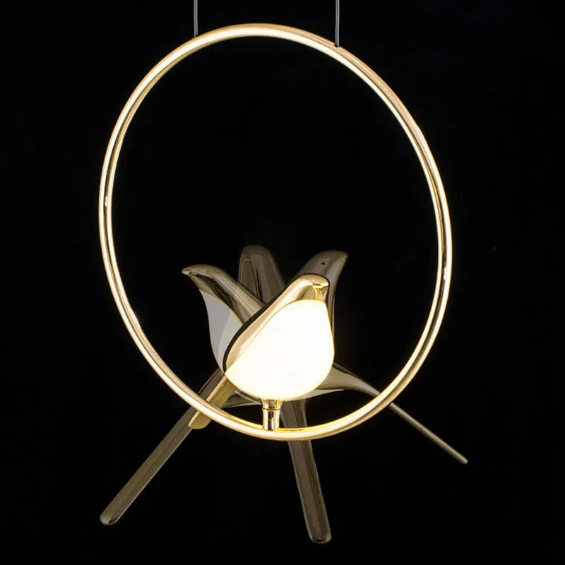 Tall, linear modern magpie bird chandelier with zinc alloy frame and acrylic details, hanging at 150cm.
