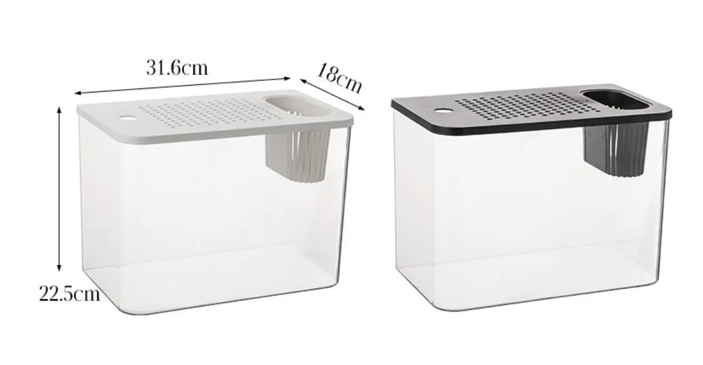 Black and white mini plastic betta fish tanks with clear covers, showing dimensions of 32cm by 18.5cm.