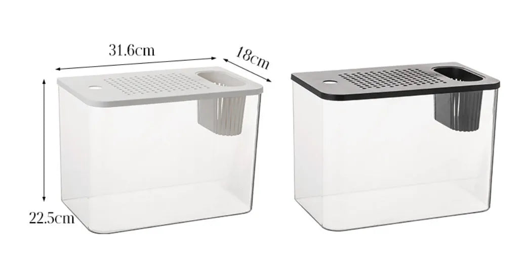 Black and white mini plastic betta fish tanks with clear covers, showing dimensions of 32cm by 18.5cm.