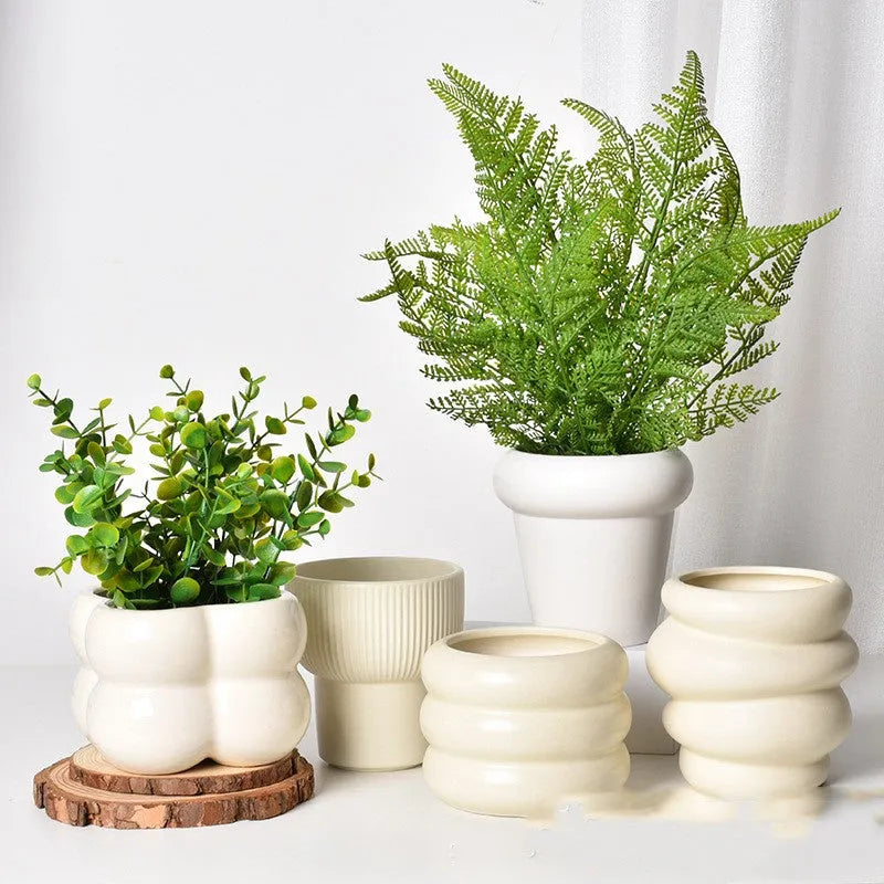 Roman column ceramic flower pot in matte yellow colour with breathable self-absorbent design