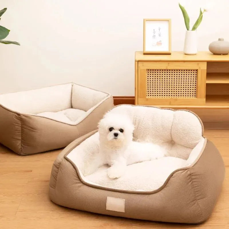 Medium plush foam dog bed in grey with raised edges and non-slip base, size M 60x50x29cm