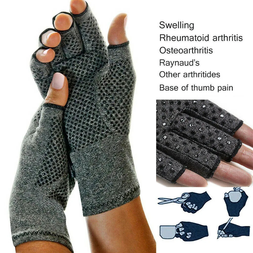 Grey half finger joint compression gloves with an anti-slip texture on the palm.