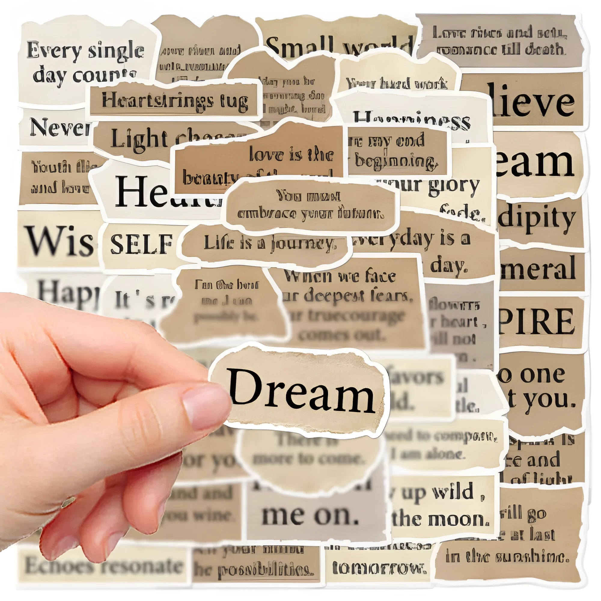 Set of 25 torn English design decorative stickers for laptops and notebooks.