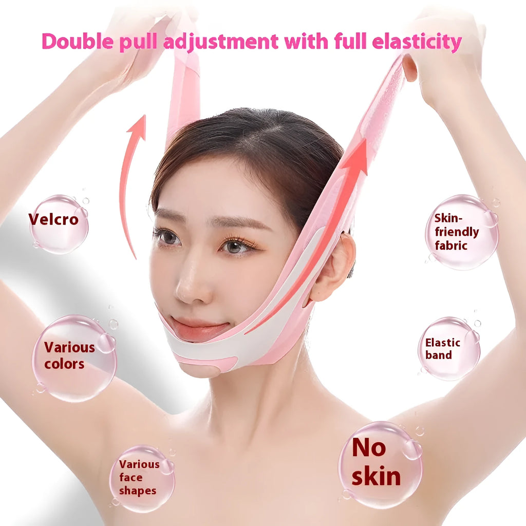 Pink and black elastic V face bandage for facial contouring and support