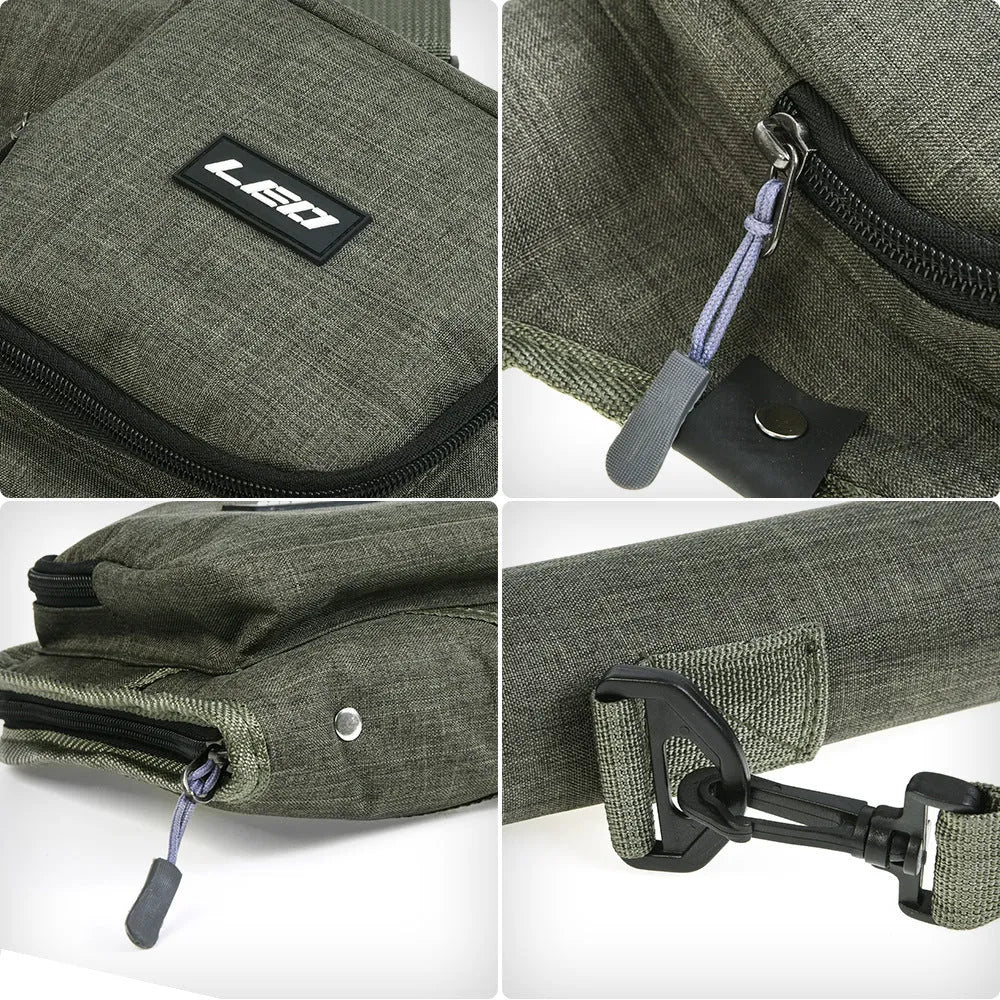 Green canvas fishing rod bag 81cm long lying flat on a surface showing the fabric texture and stitching