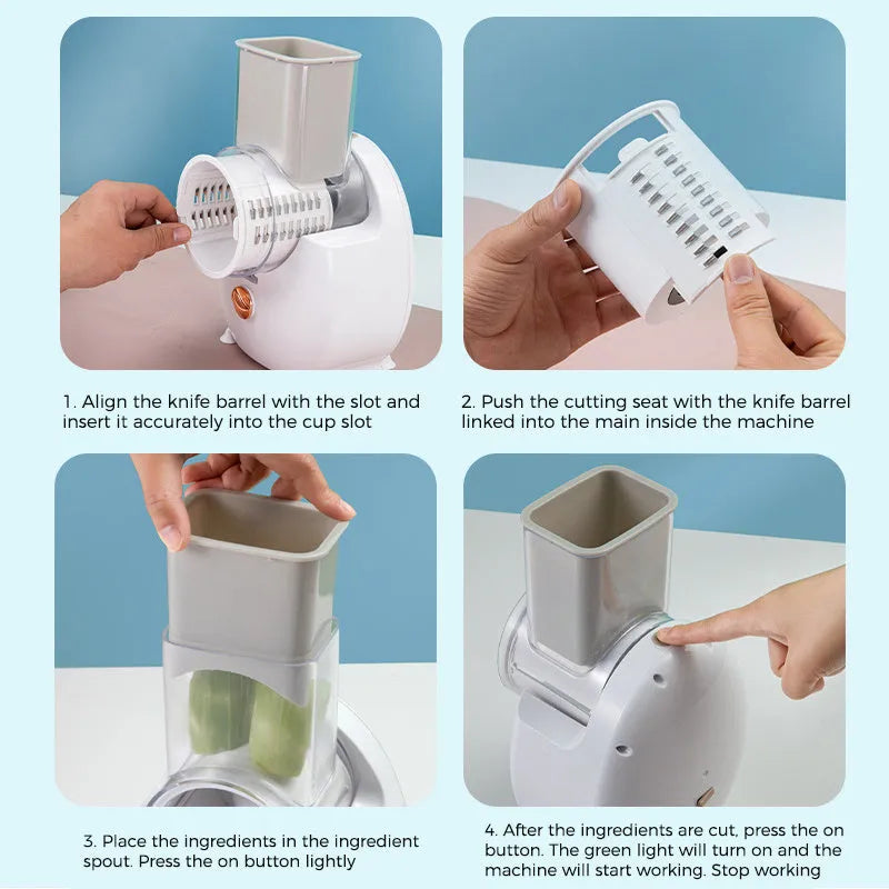 White electric vegetable slicer with rotary grater, blade barrel, and suction base on a kitchen counter.