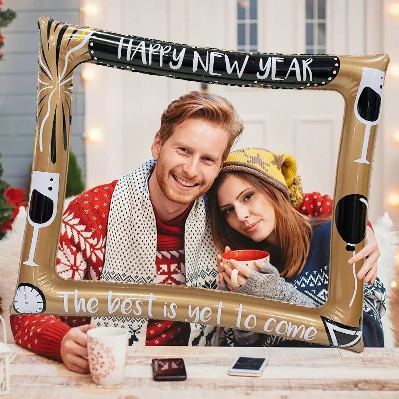Red and white Christmas-themed inflatable photo frame made from PVC material.