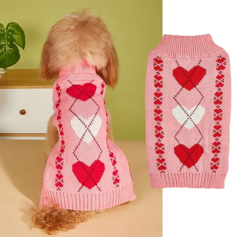 Acrylic dog sweater with decorative bow and love heart designs in red and pink colour options