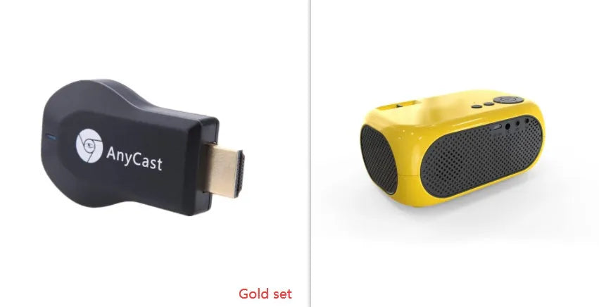 M24 portable micro mini LED projector in gold or white colour on a grey background