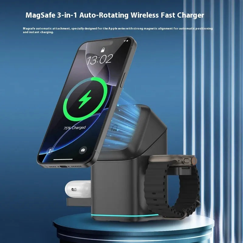 Black mobile phone magnetic wireless charging stand showing 180-degree rotation capability with Type-C cable