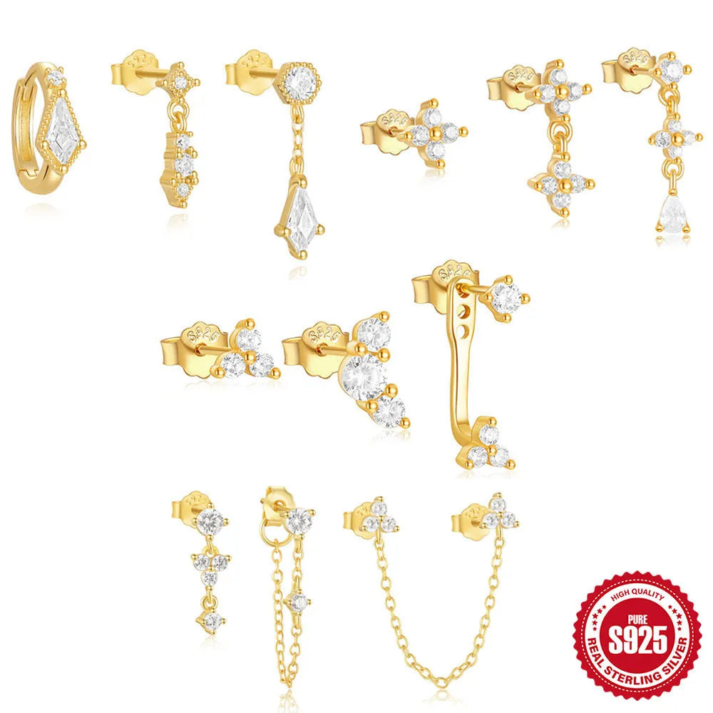 S925 sterling silver geometric earrings with a dangling zircon tassel in a gold finish.