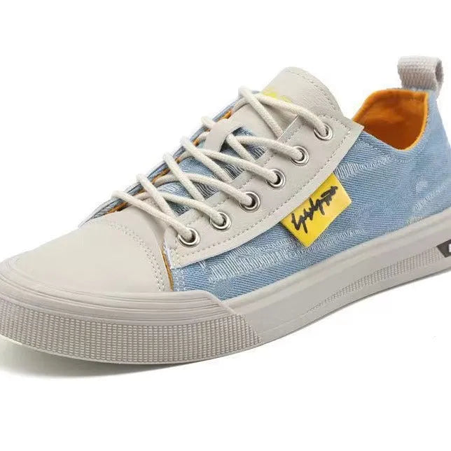 Men's dark blue canvas lace-up casual shoes with round toe and rubber sole