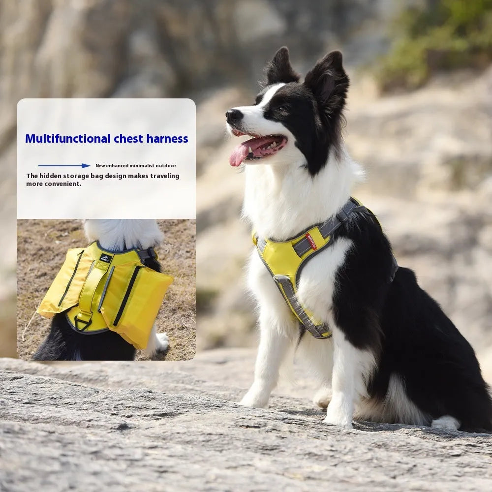 Reflective Oxford cloth pet harness in yellow with metal chain ring on white background