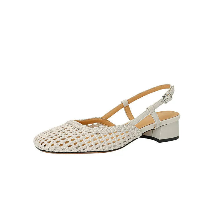 Women's beige woven hollow-out sandals with square toe, chunky heel, and buckle fastening on a white background.
