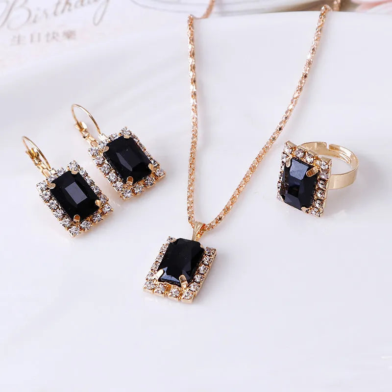 Women's alloy crystal square three-piece jewellery set with necklace, earrings, and ring