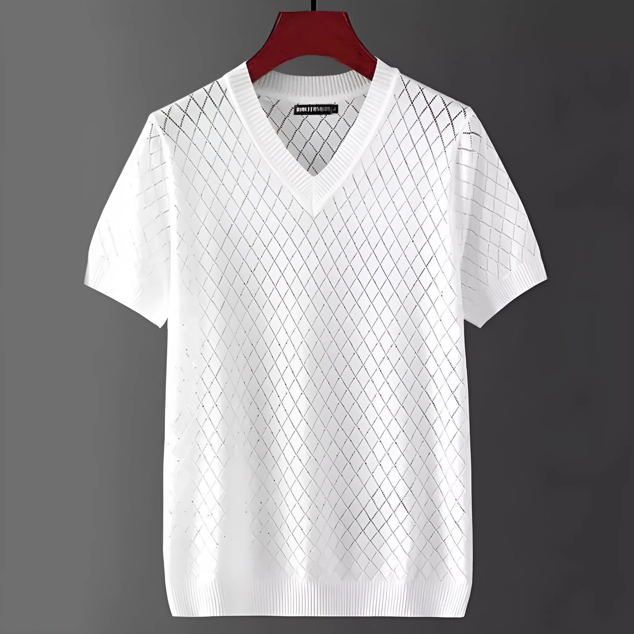 Men's black ice silk V-neck t-shirt with short sleeves on a hanger.
