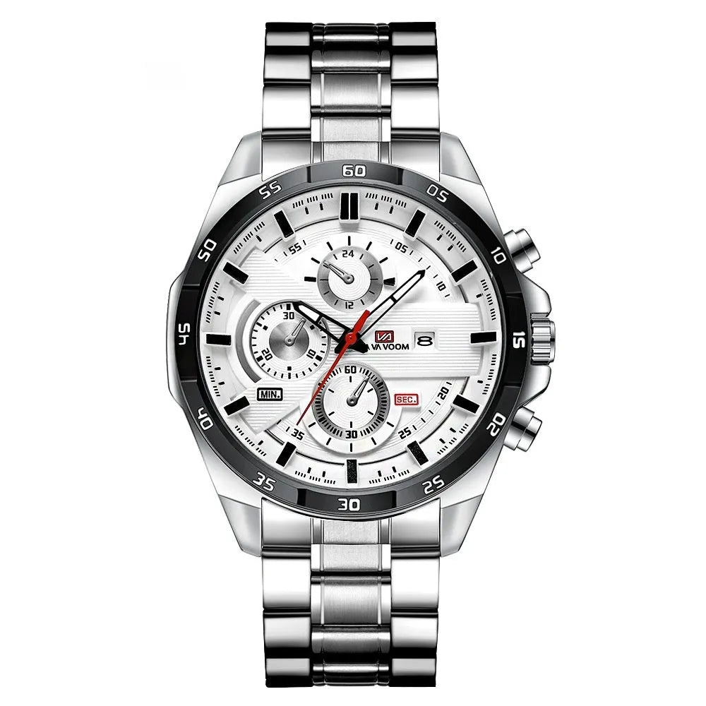 Men's casual wristwatch showing day-date window at 3 o'clock on a black dial with a rose gold case.