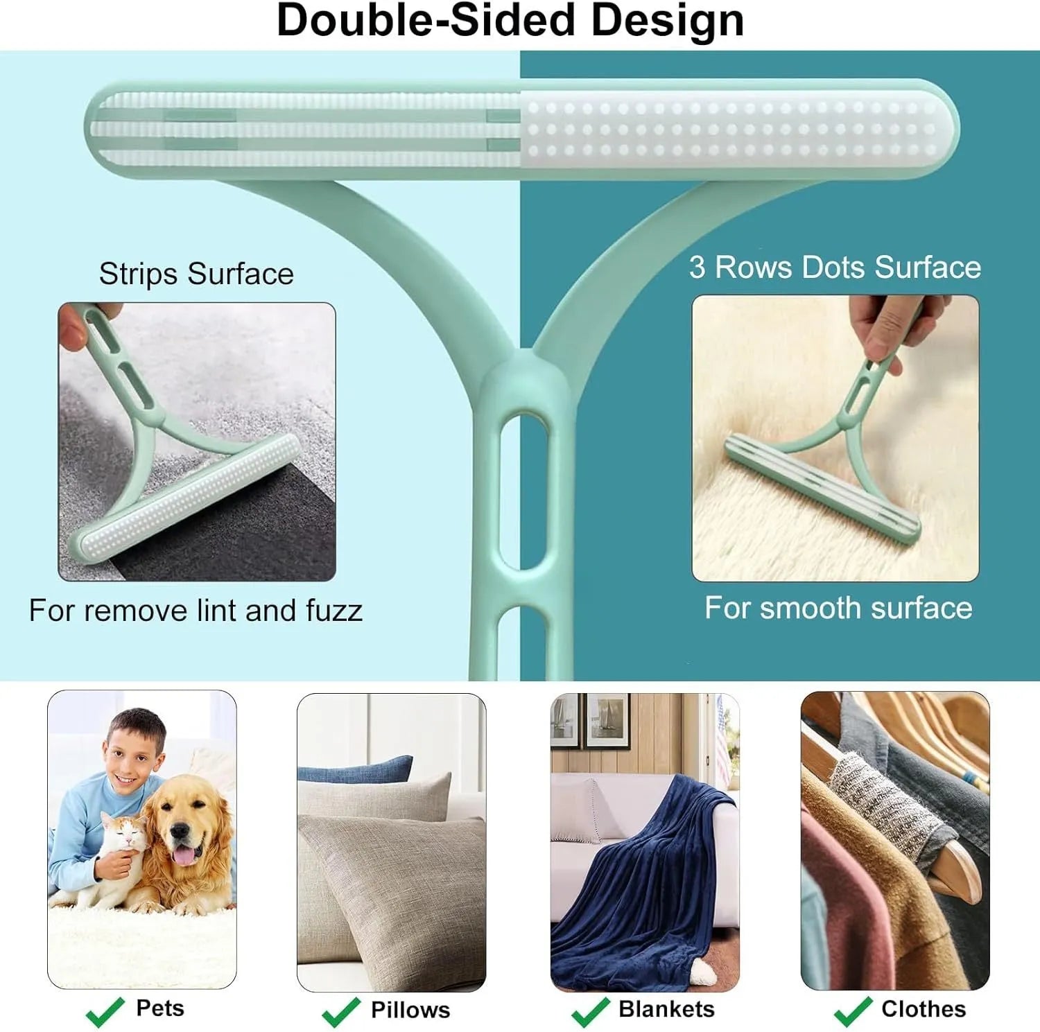 Three-piece pet hair remover set with metal, silicone, and round cleaning tools on a wooden table.
