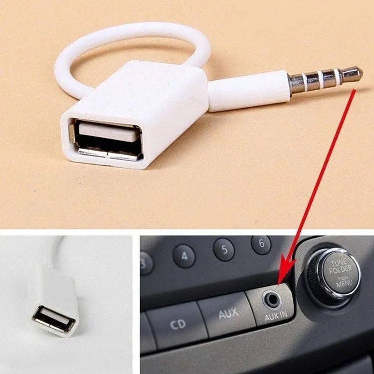 White USB to 3.5mm AUX audio adapter cable for 12V car CD player