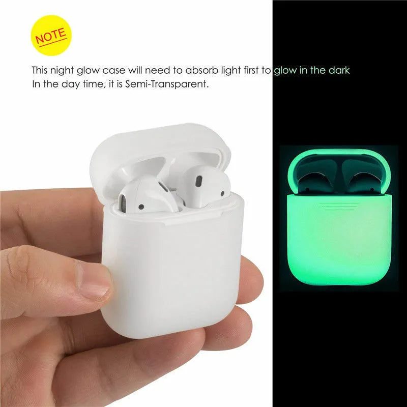 Luminous glow-in-the-dark silicone flip-top protective case for Apple AirPods on a dark background