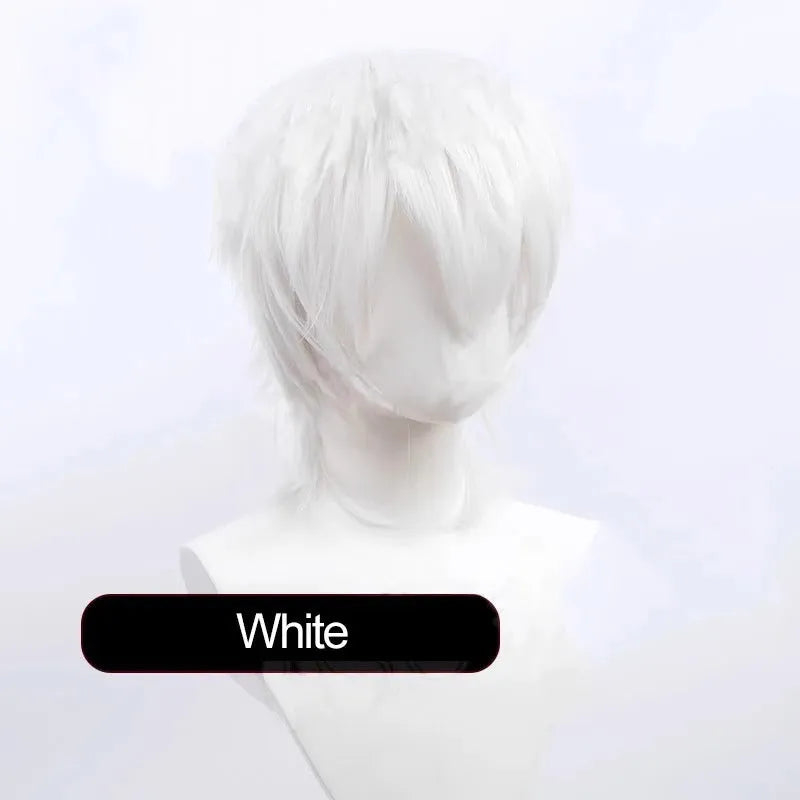 Short black anime cosplay wig with a lengthened hair tail on a wig stand.
