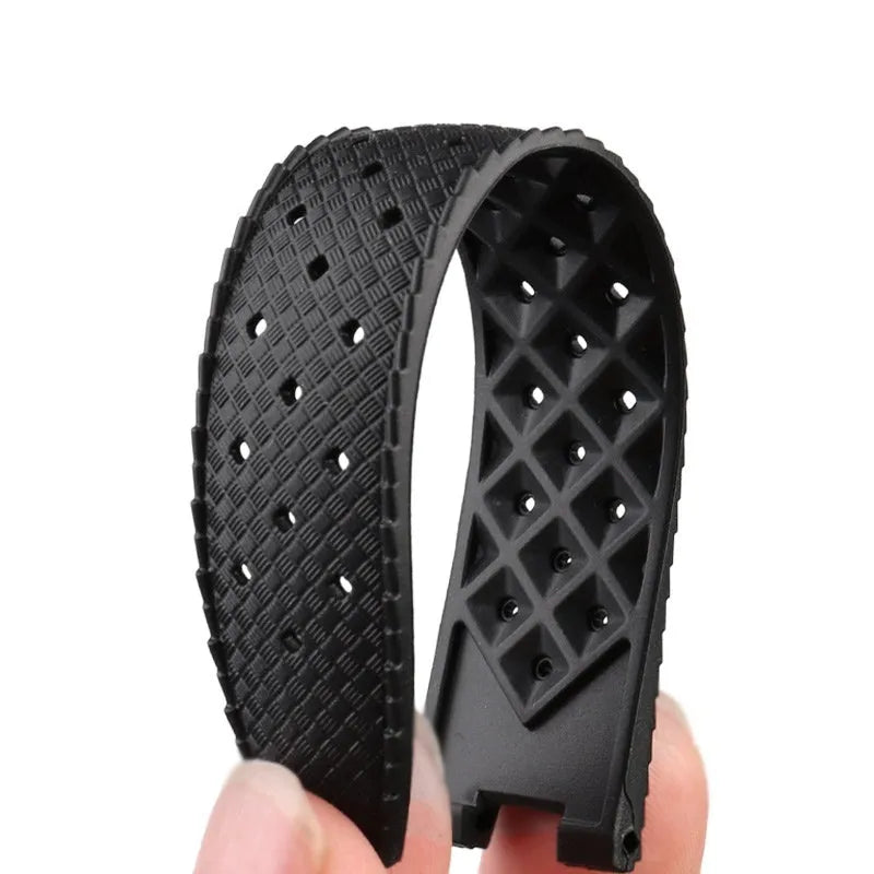 Silicone watch strap with notch and female port in black or blue, sizes 20.10mm, 20.12mm, 22.15mm
