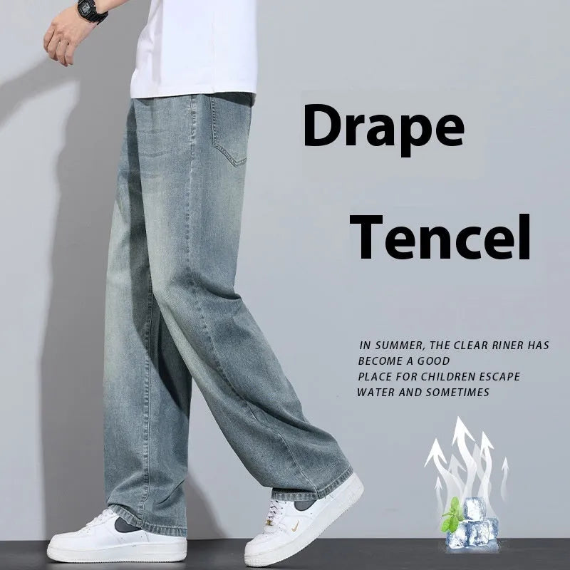 Lightweight ice silk denim straight-leg trousers in vintage blue with a zip-fly opening.