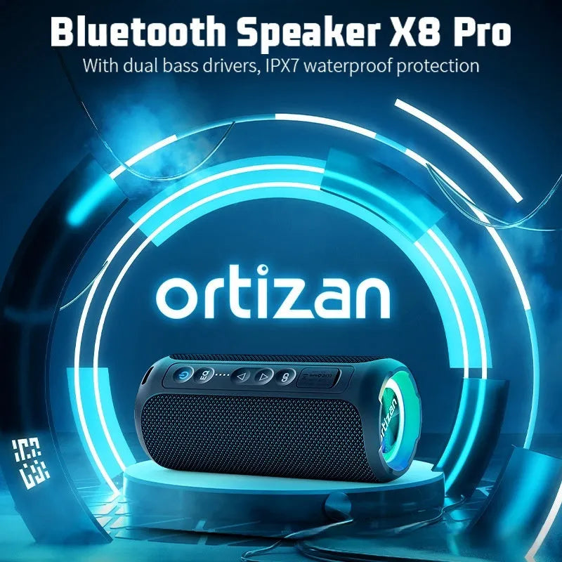 Black and blue fabric-covered 40W wireless Bluetooth speaker with luminous lighting effect.