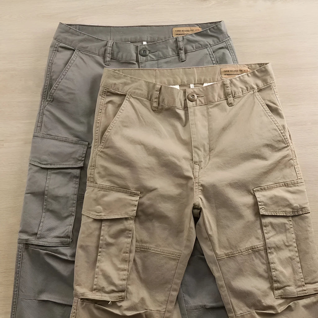 Men's multi-pocket cropped work trousers in cotton, shown in khaki colour