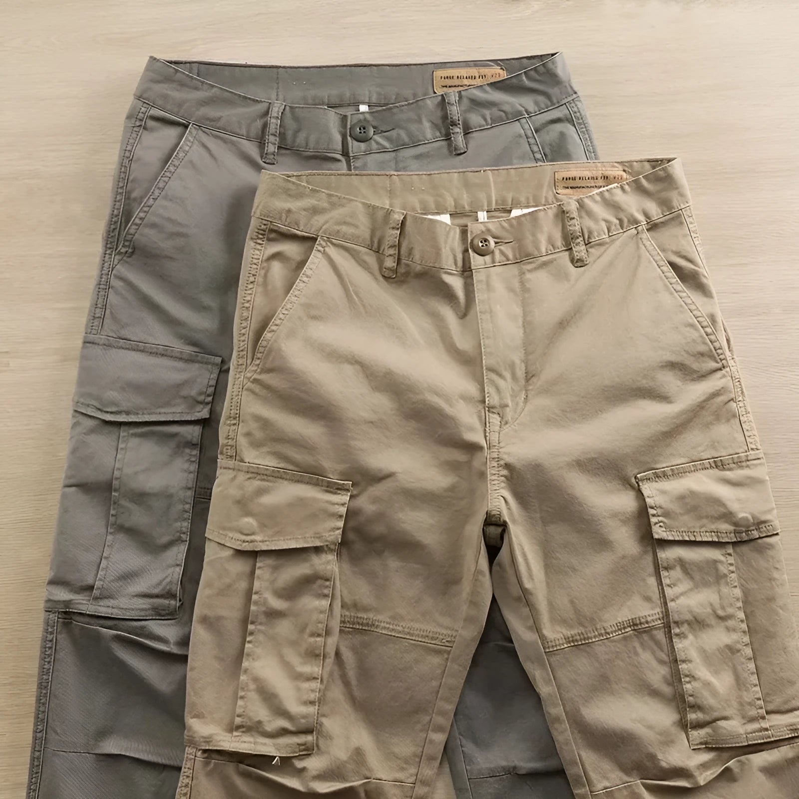 Men's multi-pocket cropped work trousers in cotton, shown in khaki colour