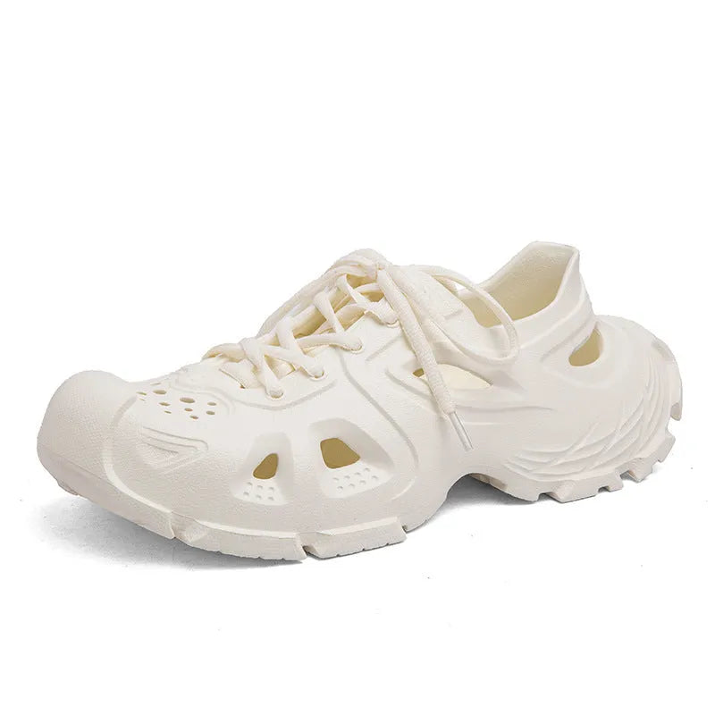 Men's non-slip lace-up outdoor sandals with EVA sole, mid-heel, side view